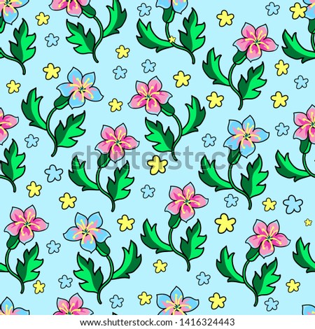 Vector pattern with blue and pink flowers on blue background. For textiles, background, fabric, wrapping paper, Wallpaper, baby diapers.