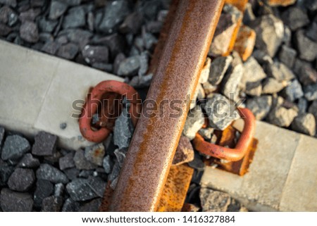 Train railroad or tracking, Rusty metal route line, Long way destination. Selected focus.