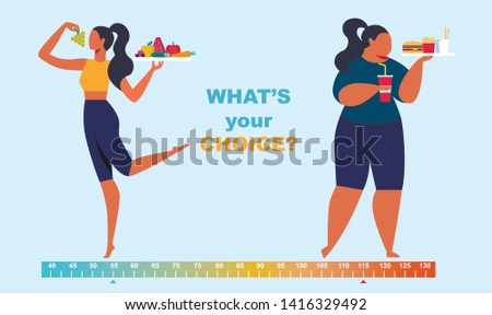 Healthy and Unhealthy Lifestyle Infographics. Before After Girl Body, Fat and Slim Young Woman Figure, Food, Fitness, Diet. What Your Choice Poster Background. Cartoon Flat Vector Illustration, Banner Royalty-Free Stock Photo #1416329492
