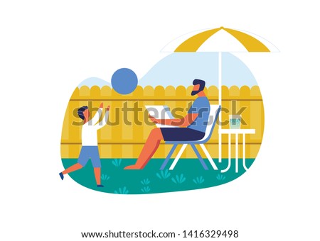 Outdoor Activities Cartoon Flat Vector Illustration. Man Sunbathing under Umbrella. Son Playing with Ball near Father. Boy Spending Free Time Actively. Glass Water on Small Table.