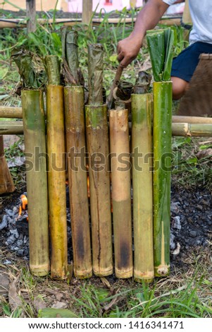 Burning bamboo rice in traditional cooking, asian food. Ubud, island Bali, Indonesia . Close up. Burned sticky rice with sweet coconut milk in bamboo shot