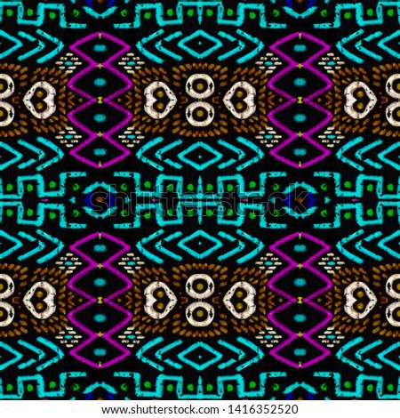 Ethnic embroidery. Seamless aztec pattern. Decorative texture. Folk design. Boho fashion. Peruvian seamless ornament. Navajo print. Indigo, black, pink, cyan, neon ethnic embroidery.
