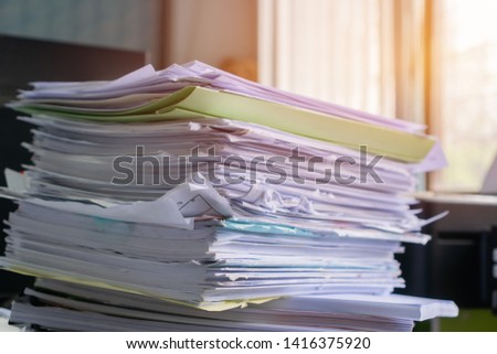 Piled heap high recycle documents folders, Stack business paper on desk messy or paperwork in office. Old Document achieves in print folder doc forms, use recycling for save