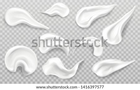White cream smears swatch set. Cosmetics beauty skin care product strokes isolated on transparent background, foundation, milk, lotion, foam drops texture. Realistic 3d vector illustration, clip art.