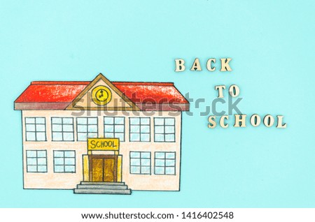 Top view colorful drawing school building with bus and tree. Back to school sign