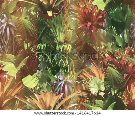 
Seamless tropical pattern with leaves of palm trees, budding, succulents. Botanical background.
