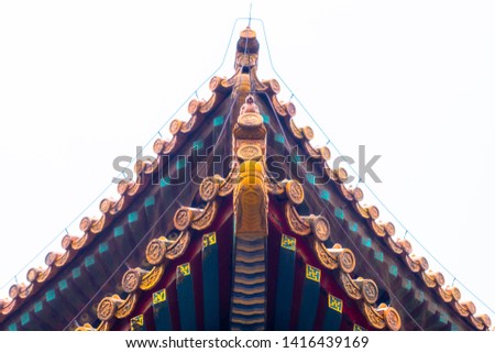 Uprisen angle of Chinese temple roof architecture.