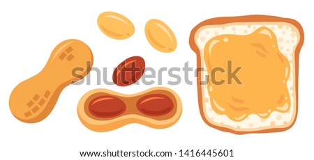 Vector illustration of set peanuts and peanut butter. Vector set of peanut snack. Royalty-Free Stock Photo #1416445601