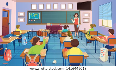 Cartoon classroom interior with view on blackboard, school desks with chairs, bookcase, door and window. Classroom with children and teacher. Flat Vector Illustration.