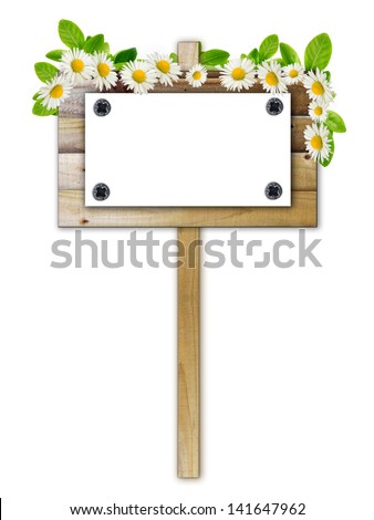 Old ad board with white paper and flowers on the white background