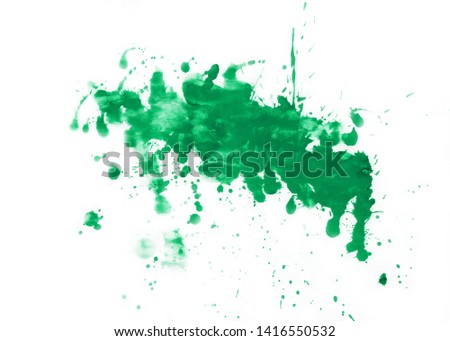 Green watercolor hand drawn isolated wash spot on white background for text design, web. Abstract brush paint paper grain texture illustration element for label, card, poster, banner.