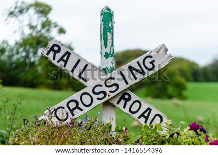 Railroad crossing sign at the restored section of the Great Northern Railway (Ireland) at Glaslough, County Monaghan, Ireland.