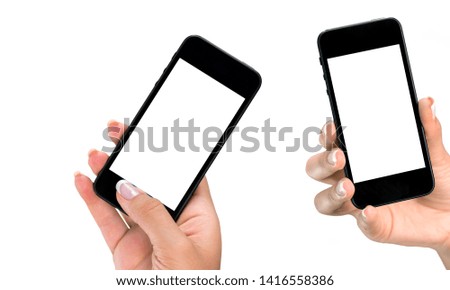 Man hand holding the black smartphone set with blank screen and modern frame less design - isolated on white background
    
    - Image