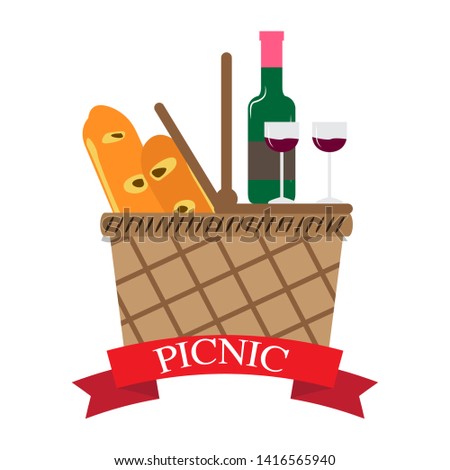 Picnic basket with bread and wine - Vector