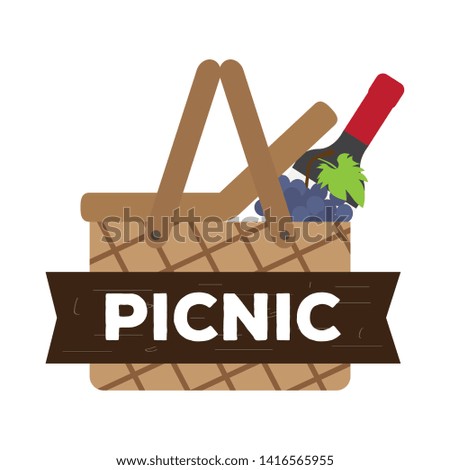 Picnic basket with wine bottle and grapes - Vector