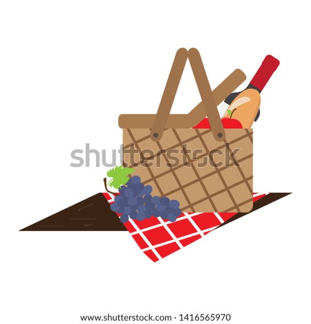 Picnic basket wit a wine bottle, fruits and bread - Vector