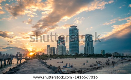 Colorful sunset over South Beach, Miami Florida.