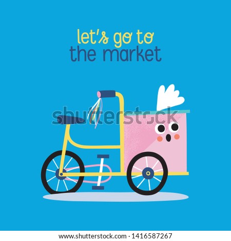 Delivery tricycle. Let's go to the market. Vector Illustration.