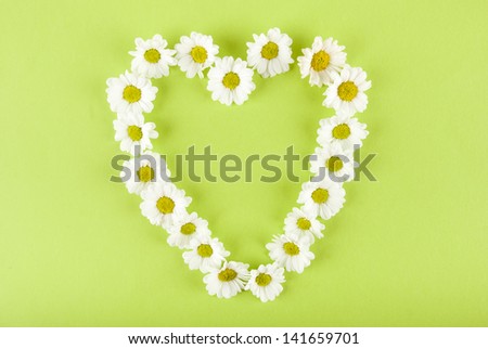 White daisies forming heart shape on green background