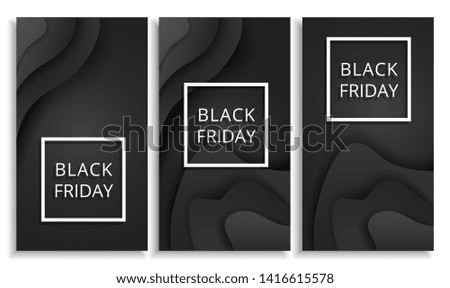 Black Friday sale poster. Commercial discount event background. Black background textured with paper cut dynamic shapes and white text. Vector business illustration. Ad sign.