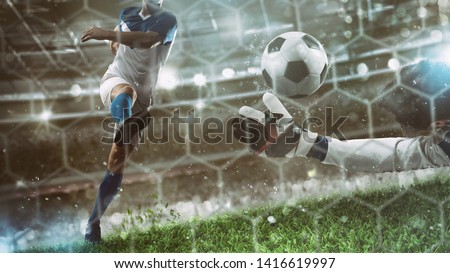 Goalkeeper catches the ball in the stadium during a football game Royalty-Free Stock Photo #1416619997