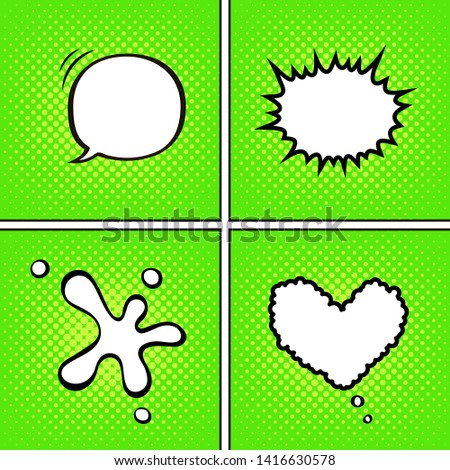 Set of blank white speech bubbles of different shapes on green dots background. Vector illustration in pop art style