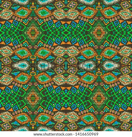 Ikat art. African seamless pattern. Navajo folk design. Abstract retro texture. Fashion mayan print. Boho design. Indian style. Black, cyan, pink, green, gold ikat art.