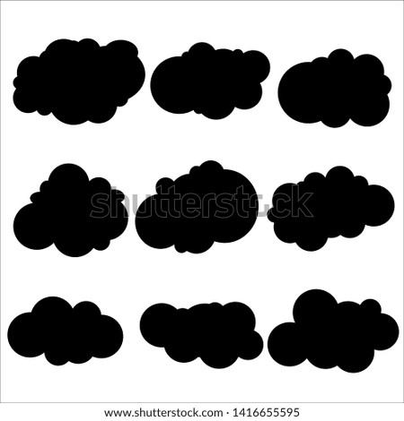 Set of various black clouds on white background. Silhouette flat clouds. Vector illustration. 