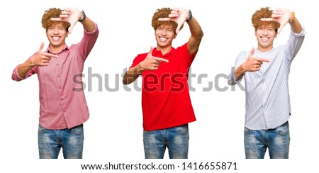 Collage of young bussines man with curly hair over isolated white background smiling making frame with hands and fingers with happy face. Creativity and photography concept.