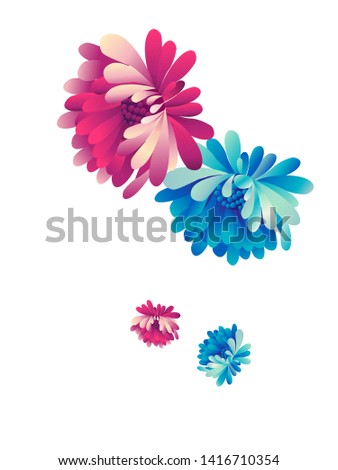 Vector  floral pattern of  red and blue chrysanthemums on white background in Japanese graphic style.
