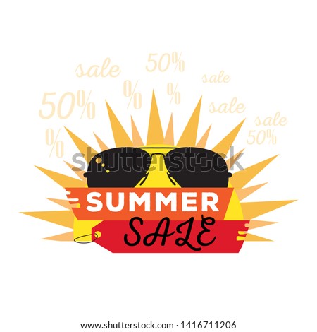 Sun with sunglasses and text. Summer sale label - Vector
