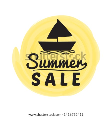 Sun with text and a silhouette of a boat. Summer sale label - Vector