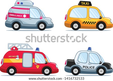 Cartoon style cars set, including fire truck,  police car, taxi and ambulance