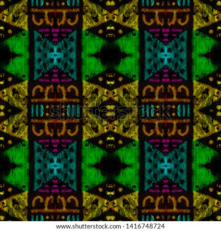 African repeat pattern. American seamless print. Geometric seamless print. Tribal vintage motif. Tribal vintage motif. Simple graphic texture. Black, gold, pink, cyan, green african repeat pattern.