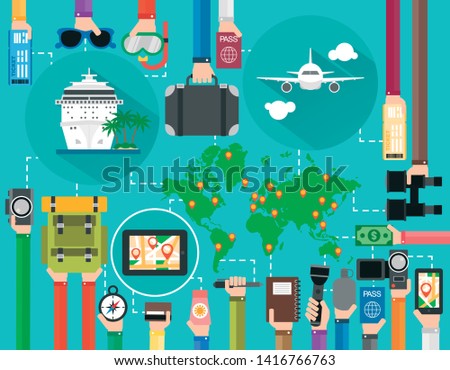 Time to travel flat design set, summer holiday with plane, cruise ship and map of the earth.Vector illustration