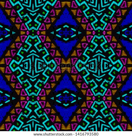Ethnic embroidery. Seamless aztec pattern. Geometric seamless print. Tribal vintage motif. Indian native ornament. Boho endless texture. Indigo, black, pink, cyan, neon ethnic embroidery.