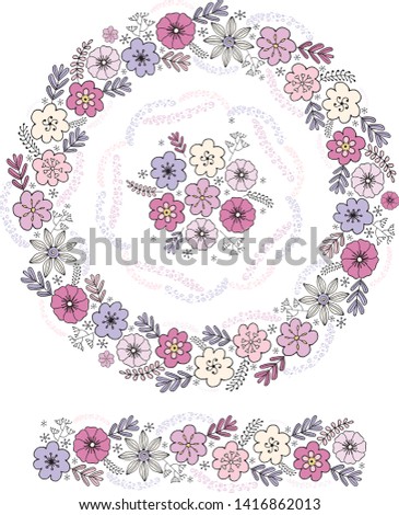 Bright floral wreath. Doodles. Hand-drawn style. Child. Graphic set, wreath, flowers. Pink, lilac color of. Isolated background.