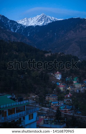 Beautiful nature and landscape photo of dusk in the Himalayas. Nice colorful evening in the mountains of Dharamsala in India.