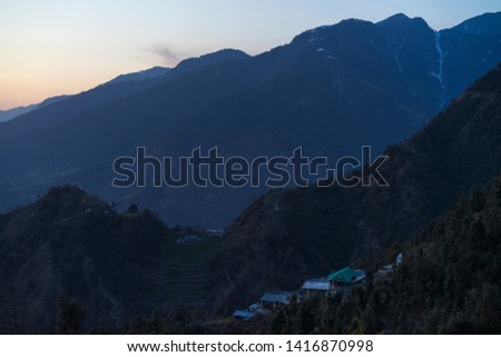 Beautiful nature and landscape photo of sunset in the Himalayas. Nice colorful evening in the mountains of Dharamsala in India.