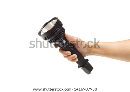Hand holding a big LED torch isolated / Flashlight for camping                                 
