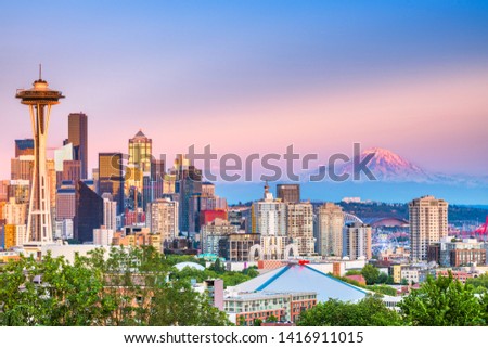 Seattle, Washington, USA downtown city skyline at dusk.