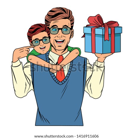 man with sweater, tie and glasses carrying a boy wearing glasses with a gift box wrapped with a ribbon and a bow vector illustration graphic design