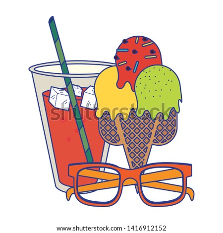 Juice cup with ice cream ans sunglasses cartoon vector illustration graphic design