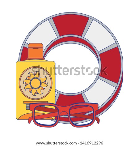 Summer and travel float and sunglasses with sun bronzer cartoons vector illustration graphic design