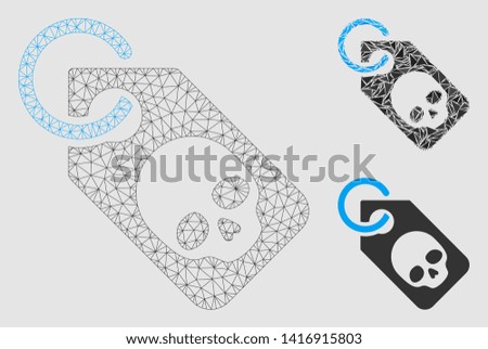 Mesh death skull tag model with triangle mosaic icon. Wire carcass polygonal network of death skull tag. Vector composition of triangle parts in variable sizes and color tinges.