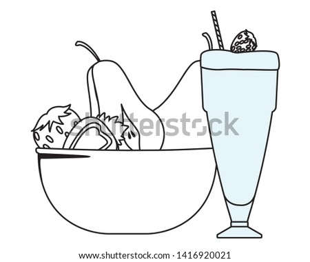 Natural strawberry juice cup and fruits in bowl vector illustration graphic design
