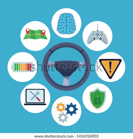 car internet conectivity rudder with technology icons with computer, battery, maps and shield protection cartoon vector illustration graphic design