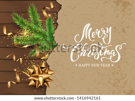 Merry Christmas and Happy New Year card with christmas tree, golden ribbon, confetti on wood textured background with paper sheet. Place for text. Handwriting lettering Merry Christmas. Vector