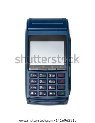 Electronic payment terminal. The case is made of blue plastic. Isolated on white background.