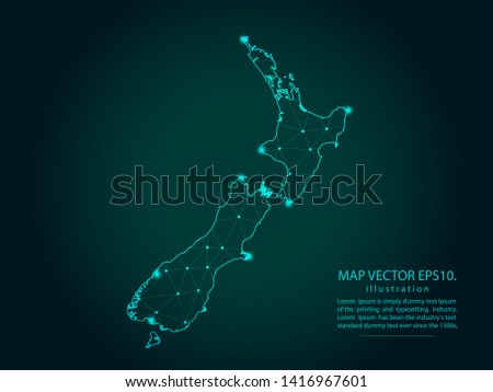Map of new Zealand - Abstract mash line and point scales on dark gradient background. Wire Frame 3D mesh polygonal network line, design sphere, dot and structure. Vector illustration eps 10.